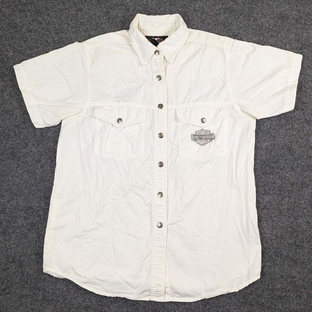 Harley-Davidson Womens L Cream Cotton Short Sleeve Embroidered Logo Button Shirt